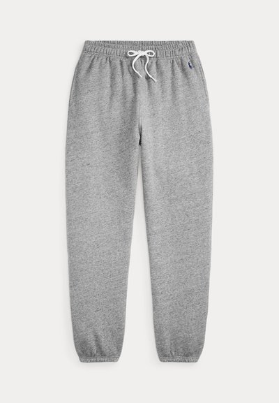 Graue Herren-Sweathosen mit elastischem Bund, weißem Kordelzug, Seitentaschen und elastischen Bündchen, mit kleinem dunkelblauem Logo auf der linken Hüfte.