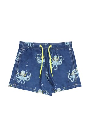 Costume da bagno blu con coulisse gialle e polpi in stile cartone animato con attrezzatura per lo snorkeling stampati su tutta la superficie.