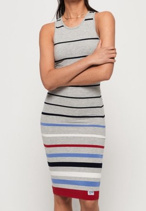 Gray tank dress featuring horizontal stripes in navy, blue, white, and red. Fitted design with knee-length hem and ribbed texture at the neckline.