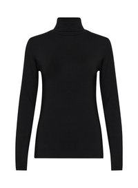 Černé dlouhé rukávy rolákové tričko se slim fit střihem a hladkou texturou látky, vystavené na bílém pozadí.