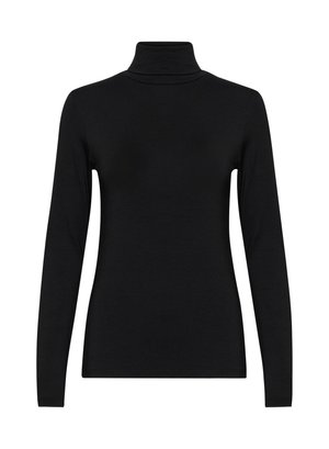 Camiseta negra de manga larga y cuello alto, ajustada y con una textura de tela suave, exhibida sobre un fondo blanco.