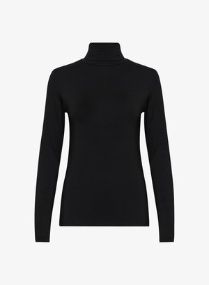 Mustmustärane pikade varrukatega turtleneck särk, millel on slim fit lõige ja sile kangatekstuur, esitatud valgel taustal.