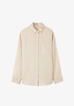 Langemouwen, overhemd met knopen in lichtbeige linnen met een klassieke kraag, één borstzak en een subtiel gestructureerde stof.