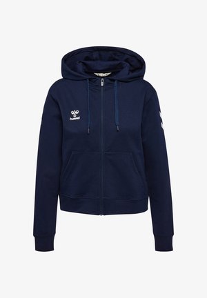 Marineblauer Kapuzenpullover mit Reißverschluss aus weichem Stoff, mit Fronttasche, verstellbarer Kordel am Kapuzenbund und weißem Logo auf der Brust und den Ärmeln.