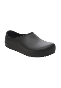 Svarte skumklogger med en jevn finish, rund tå og slip-on design. Teksturert såle med små knotter for grep. Lettvektige og robuste.