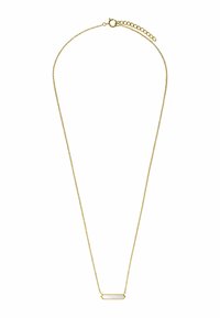Collier en or avec un pendentif géométrique arborant une pierre blanche. La chaîne est fine et délicate, avec un fermoir ajustable.