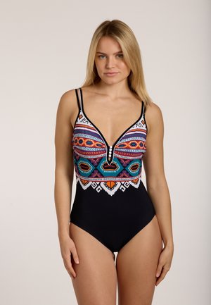 One-piece swimsuit featuring a colorful, geometric print at the top with a black bottom. It has adjustable straps and a deep V-neck design.