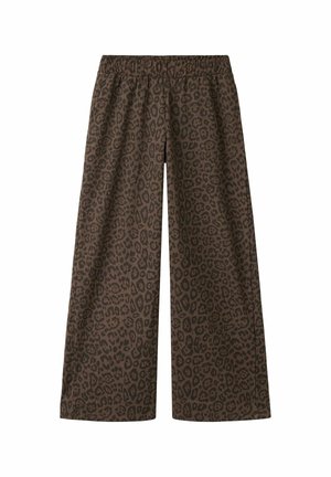 Pantalon marron à jambe large avec motif léopard noir et taille élastique, présenté à plat sur fond blanc.