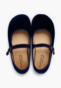 Zapatos Mary Jane de terciopelo azul marino con punta redondeada, cinta elástica y hebilla en tono dorado. El forro interno suave presenta la impresión de la marca.