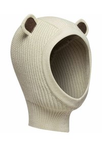 Gestrickte Balaklava in cremigem Beige mit strukturiertem Muster, versehen mit kleinen braunen Bärenohren. Offenes Gesichtsfeld, weicher Stoff für Wärme.