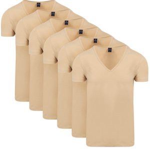 Six beige V-neck short-sleeve t-shirts arranged in a staggered overlapping pattern on a white background.