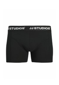 Shorts boxers en tissu noir avec une ceinture élastique plate comportant l'inscription "JJ STUDIOS" en lettres blanches. Texture lisse, coupe ajustée.