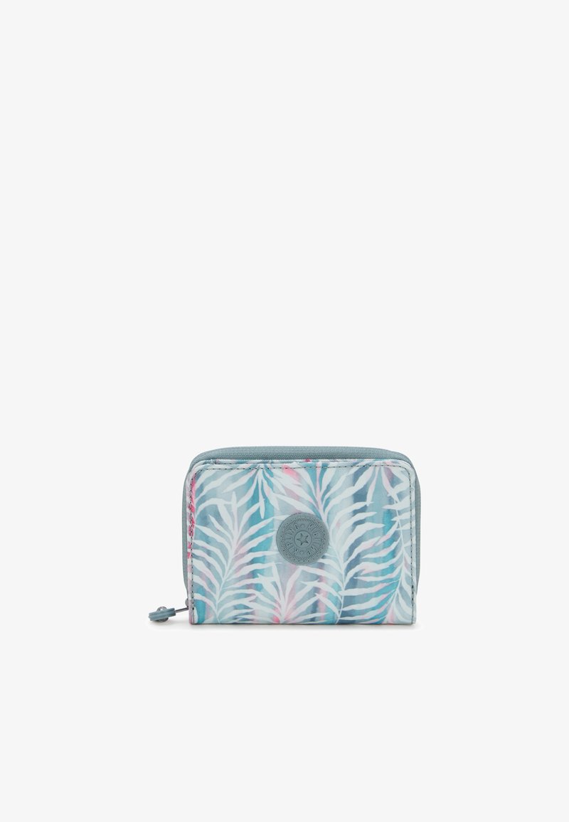 Zippered wallet featuring a light blue background with a tropical leaf pattern in white and pink. Textured surface with a round logo accent.