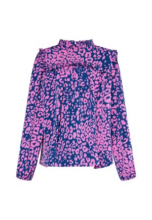 Bluza cu mâneci lungi cu imprimeu leopard roz și albastru închis, guler înalt cu volănașe și tiv cu volănașe pe piept.