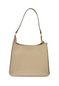 Beige läder axelväska med ett enda band och guldfärgade detaljer, slät yta och synliga sömmar längs kanterna.