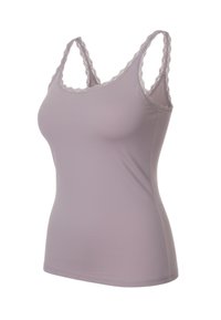 Canottiera lilla con bordo in pizzo sulle spalline, design aderente, texture liscia e scollo arrotondato.