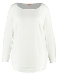 Top blanco de manga larga con cuello redondo, textura acanalada y dobladillo recto. Presenta un diseño minimalista y está hecho de una tela ligera.