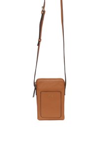 Brown leather crossbody bag with a textured finish, rectangular shape, top zipper closure, and front pocket detailing. Adjustable strap included.