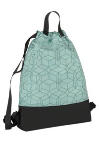 Világoskék színű, geometrikus mintázatú húzózsinóros hátizsák, fekete alsó panellel, két fekete füllel és állítható oldalszíjakkal.