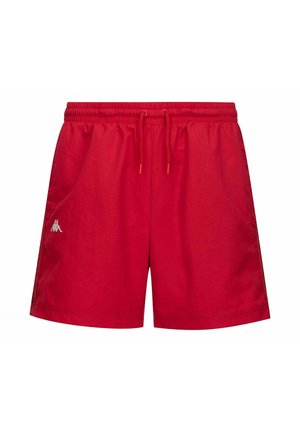 Pantaloni corte rossi realizzati in materiale leggero, con vita elastica e coulisse regolabile, e piccolo logo bianco sul lato sinistro.