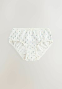 Biele bavlnené dámske spodné prádlo s malým modrým kvetinovým vzorom, čipkovou lemovkou na okrajoch a malou mašličkou uprostred pásu.