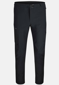 Schwarze, leichte Outdoor-Hosen mit flachem Bund, Reißverschlusstaschen, verstellbarem Bund und schmalem Beinschnitt. Hergestellt aus strapazierfähigem Material.