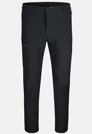 Pantaloni da esterno neri, leggeri, con fronte piatto, tasche con zip, vita regolabile e design a gamba affusolata. Realizzati in tessuto durevole.