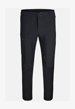 Schwarze, leichte Outdoor-Hosen mit flachem Bund, Reißverschlusstaschen, verstellbarem Bund und schmalem Beinschnitt. Hergestellt aus strapazierfähigem Material.