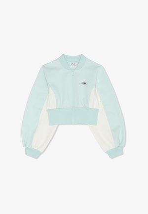 Hellblau-weiße, kurz geschnittene Jacke mit Reißverschluss, langen weiten Ärmeln und FILA-Logo auf der Brust.