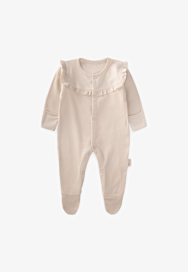 Æblefarvet, ribbet babybody med lange ærmer, rynket krave, knaplukning foran og ben med fødder, prydet med et lille sideetiket.