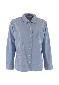Camisa de botones a rayas azules y blancas, con cuello, mangas largas y un bolsillo en el pecho. Presenta un corte relajado y una suave tela de algodón.