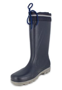 Donkerblauwe rubberen laars met een gestructureerd oppervlak, grijze zool en een marineblauw stoffen boord dat met een koord is vastgemaakt. Glad, semi-rigide ontwerp.