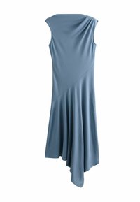 Robe sans manches, bleue, avec un col drapé et un ourlet asymétrique. Fabriquée dans un tissu doux avec un design fluide et des détails de couture diagonale.