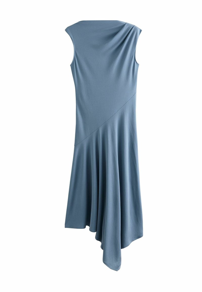 Robe sans manches, bleue, avec un col drapé et un ourlet asymétrique. Fabriquée dans un tissu doux avec un design fluide et des détails de couture diagonale.