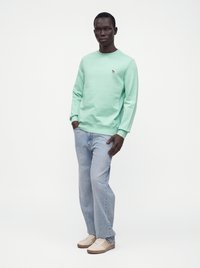 Homme portant un sweat-shirt vert menthe, un jean bleu clair et des baskets beiges, debout avec une main dans la poche devant un fond uni.