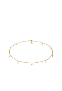 Brățară de gleznă din metal aurit, cu linkuri delicate, având mici pandantive circulare și accente de bilă distribuite uniform pe întreaga lungime. Închidere cu clapă sigură.