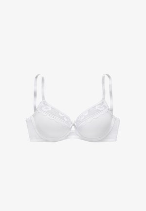 Reggiseno bianco con ferretto, coppe imbottite, bordi in pizzo e spalline in raso regolabili. Presenta un fiocco decorativo al centro e un tessuto morbido.