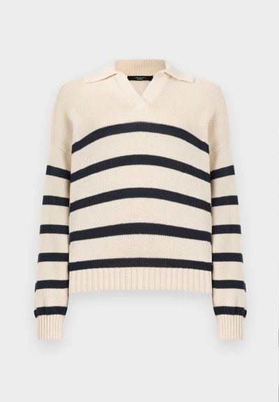 Μπεζ πουλόβερ πλεκτό με μαύρες οριζόντιες ρίγες σε όλο το σώμα και τα μανίκια, με ριμπ τελείωμα, μανσέτες και μικρό γιακά.