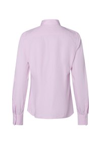 Long-sleeve shirt in light pink with a subtle striped pattern, buttoned cuffs, and a classic collar, made from a smooth fabric.