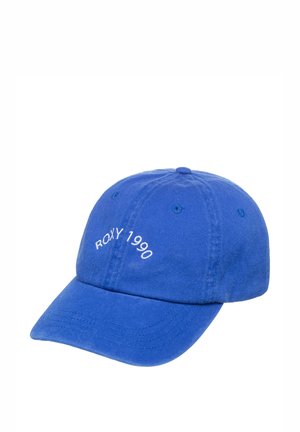 Casquette de baseball bleue avec le texte blanc "ROXY 1990" brodé sur le devant, design à six panneaux avec œillets de ventilation.