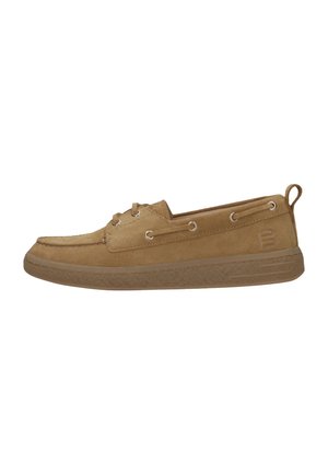 Light brown suede moccasin shoe with lace details, rubber sole, and heel pull tab shown in right side profile.