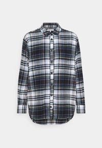 Plaid shirt featuring a button-down collar, long sleeves, and a mix of black, white, navy, and pink colors in a flannel texture.