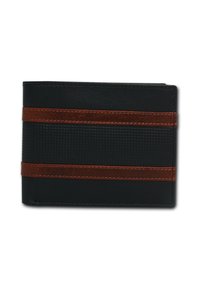 Black leather wallet with a textured surface, featuring two brown horizontal stripes. Compact design with visible stitching details.