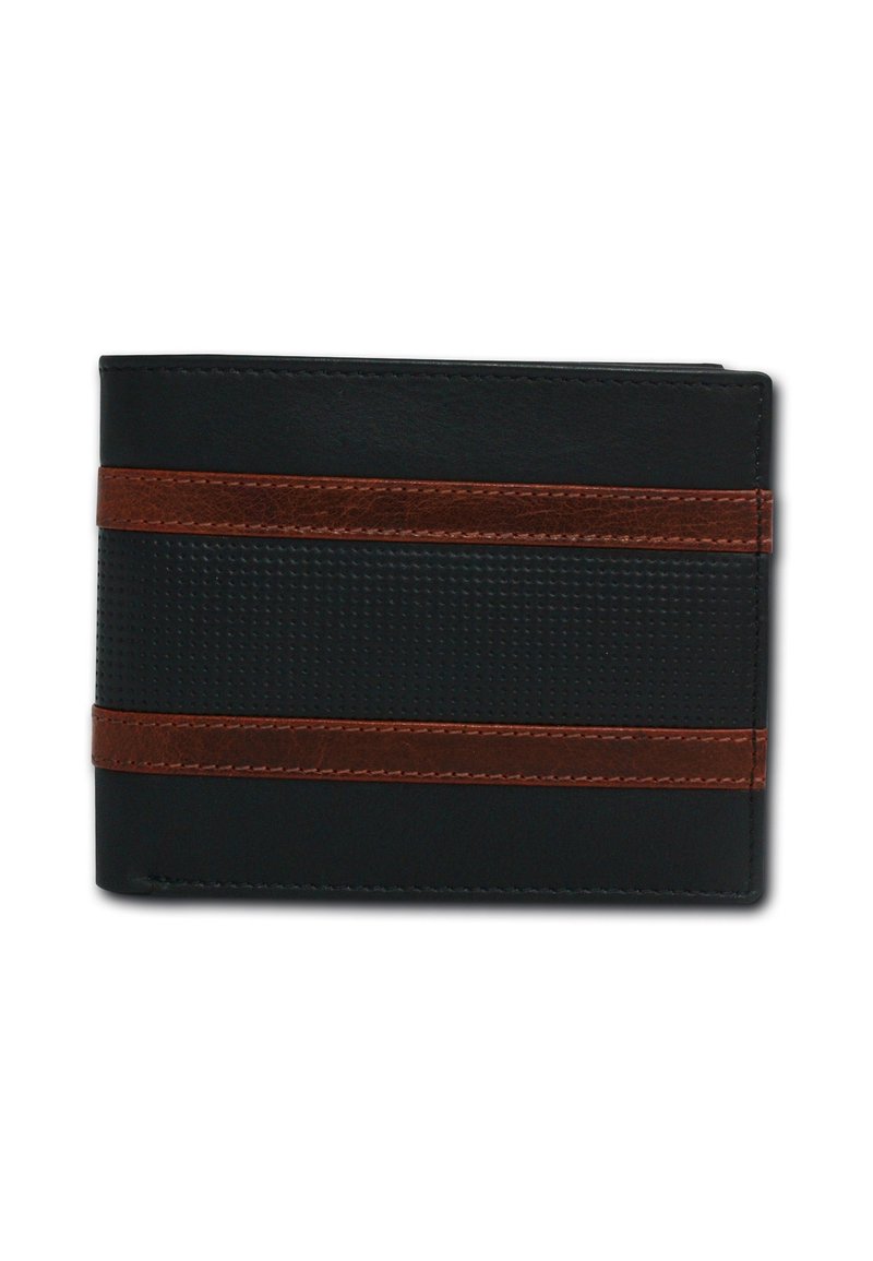Black leather wallet with a textured surface, featuring two brown horizontal stripes. Compact design with visible stitching details.