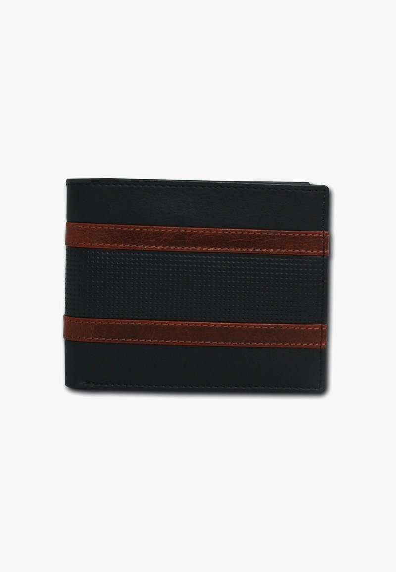 Black leather wallet with a textured surface, featuring two brown horizontal stripes. Compact design with visible stitching details.