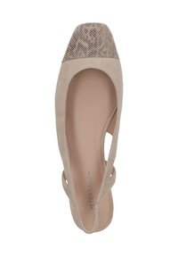 Beiger Wildleder-Slingback-Flachschuh mit quadratischer Zehenkappe im Schlangenledermuster und weich gepolsterter Innensohle.