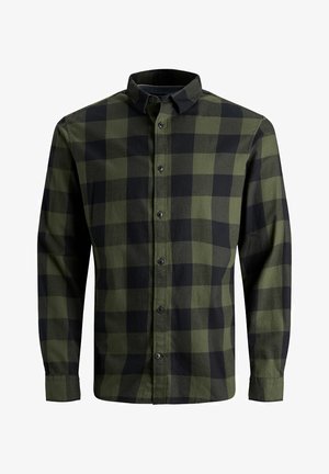 Groen en zwart geruite button-up shirt met lange mouwen, van zachte stof en met een klassieke kraag. Heeft zwarte knopen en een rechte zoom.