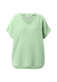 Top verde chiaro a maniche corte con scollo a V. Realizzato in un tessuto testurizzato con un aspetto stropicciato e una vestibilità rilassata e ampia.