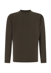 Jersey de manga larga verde oliva oscuro con cuello redondo y puños acanalados, confeccionado en tela suave con textura lisa y diseño minimalista.