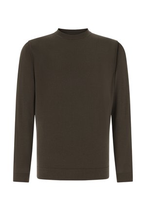 Tumma oliivinvihreä pitkähiha neulepusero pyöreällä kaula-aukolla ja resorireunuksilla, valmistettu pehmeästä kankaasta, jossa sileä pinta ja hillitty design.